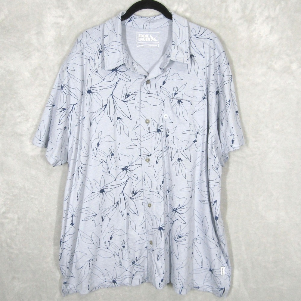 Eddie Bauer Mens 2XL Button Front Shirt Short Sleeve Light Blue Floral Cotton